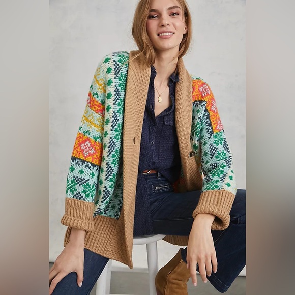Anthropologie Carlotta Shawl Cardigan Knit Sweater Colorful Toggle